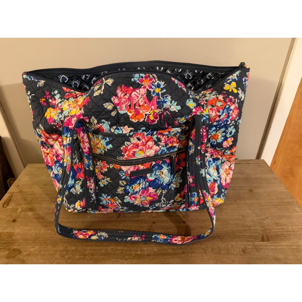 Vera Bradley Quilted Cotton Floral Tote Bag Navy Blue Pink Monogram BLM